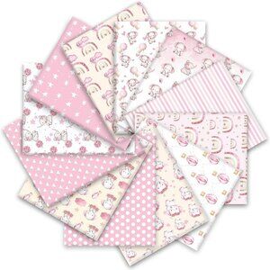 Pink Elephant Hot Air Balloon Star Baby Shower Cotton Fabric Bundles - 12 Pcs, 1